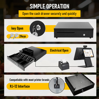 Heavy-Duty All-Metal Cash Drawer | 6 Coin Trays & 5 Note Trays | RJ-12 Interface | For Retail, Restaurant, Bar & Café | Black