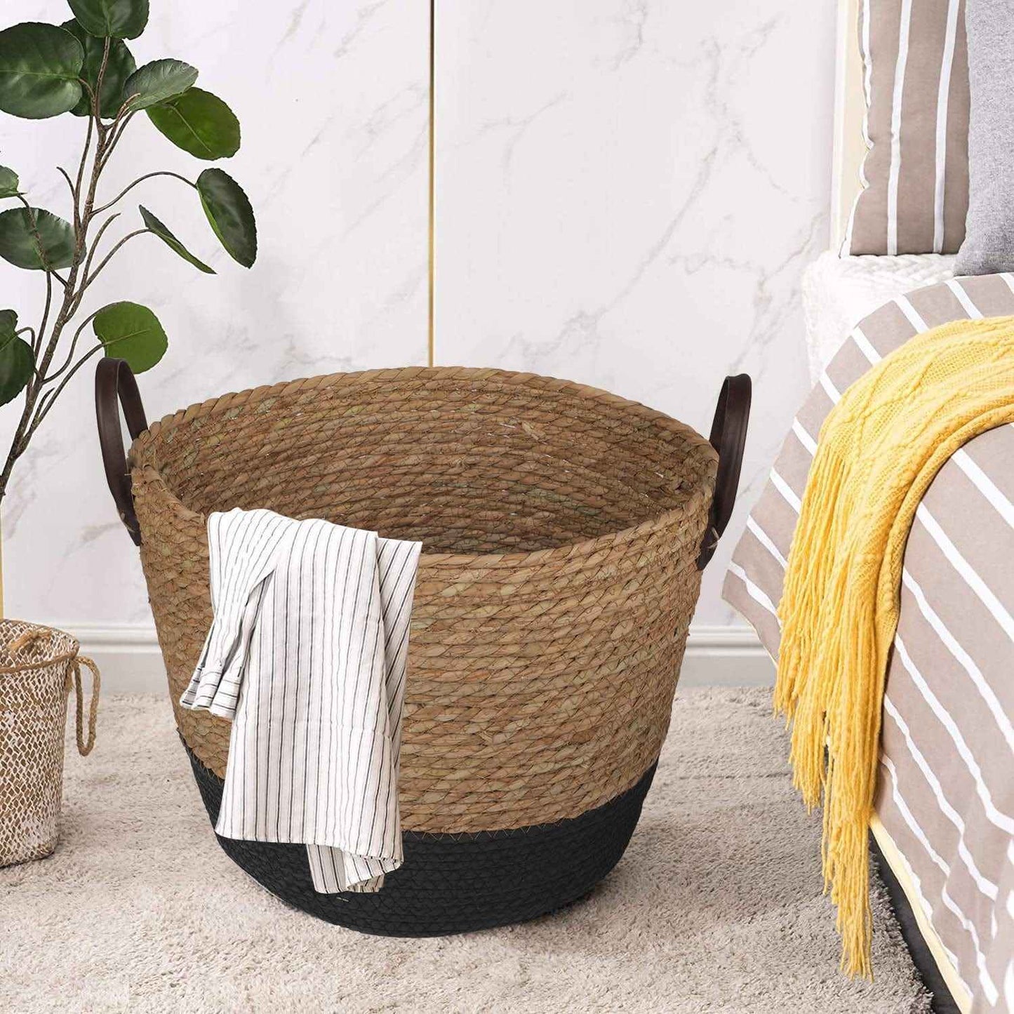 3 Pcs Cotton Rope Stripe Carry Handles Storage Baskets Set