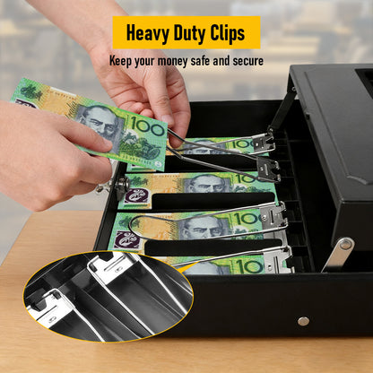 Metal Cash Box with Security Lock & 2 Keys, 4 Bill & 5 Coin Tray with Coin Retainer Cover, Large Lockable Money Box for Small Business, Office, Home, Fundraising & Events
