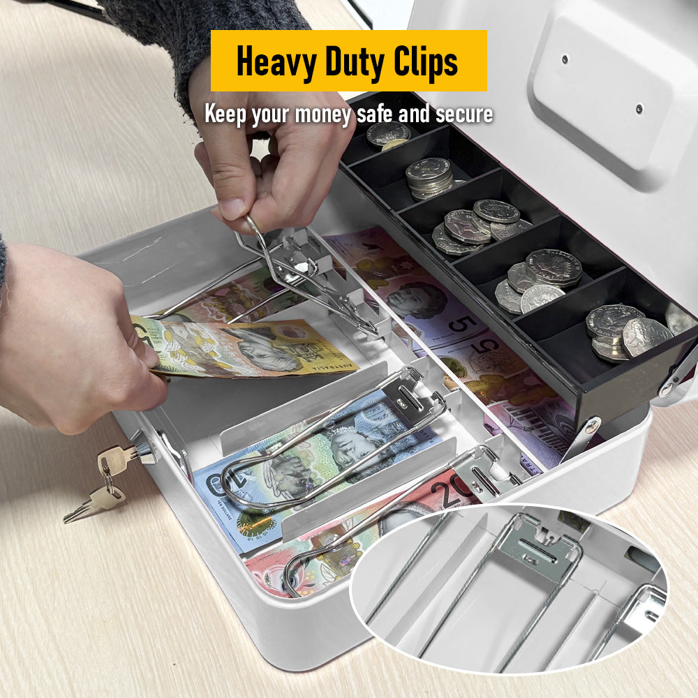 Metal Cash Box with Security Lock & 2 Keys - 4 Bill/5 Coin Tray Storage, Large Lockable Money Box for Small Business/Home