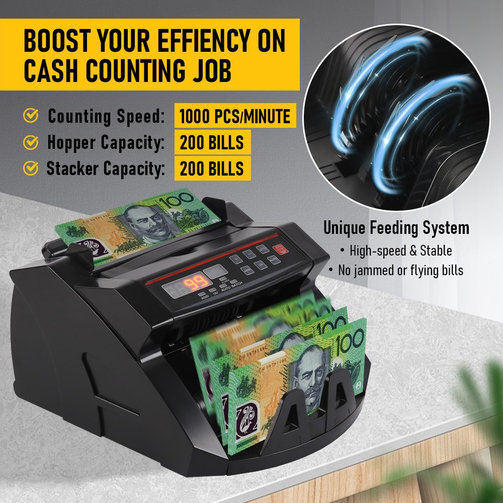 Automatic Money Counter Machine with UV Detection, High-Speed Banknote Counter for AUD, Digital Display Bill Counter for Australian Dollars (Black)