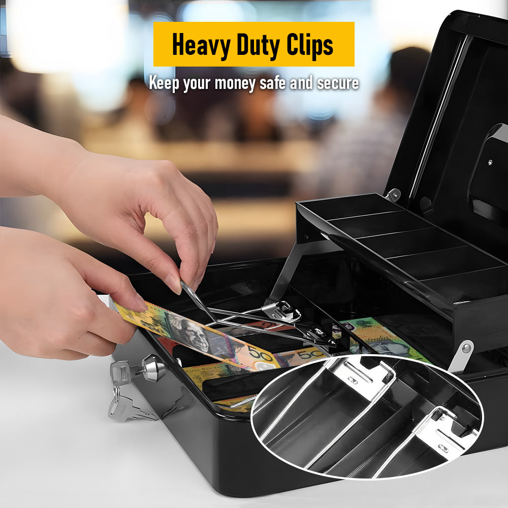 Metal Cash Box with Security Lock & 2 Keys - 4 Bill/5 Coin Tray Storage, Large Lockable Money Box for Small Business/Home