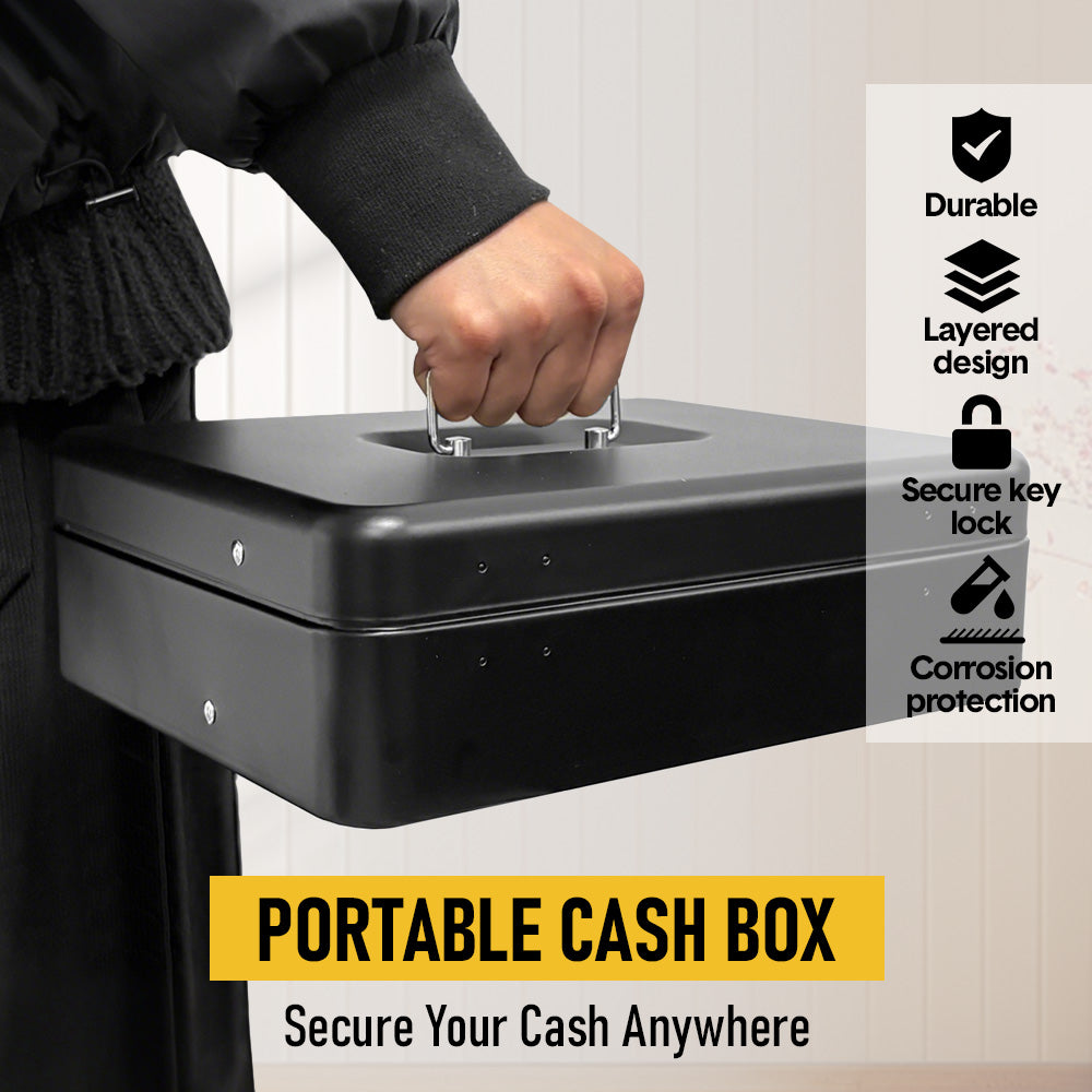 Metal Cash Box with Security Lock & 2 Keys - 4 Bill/5 Coin Tray Storage, Large Lockable Money Box for Small Business/Home
