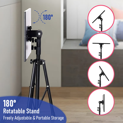 Adjustable Projector Stand with 360° Phone Holder, 57–125cm Folding Tripod Floor Stand for Laptop, Tablet & Projector