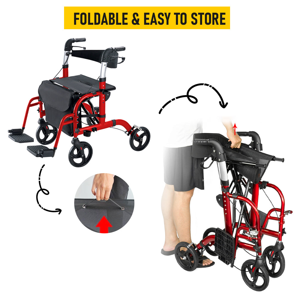 2-in-1 Rollator Walker with Seat & Transport Chair for Seniors, Lightweight Foldable Aluminum Mobility Walker, Adjustable Handles, 8" All-Terrain Wheels, Removable Storage Bag, 300 lb Capacity