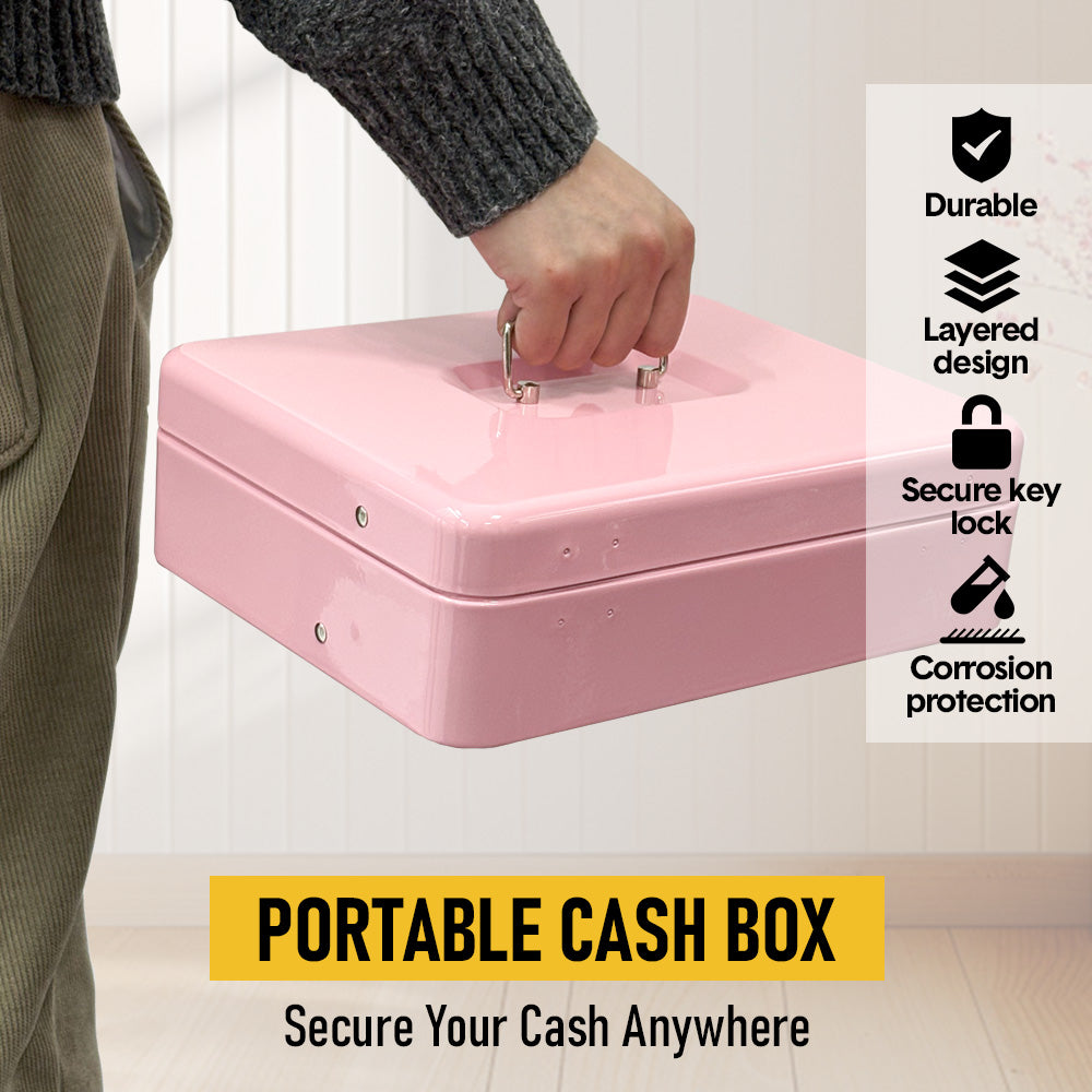 Metal Cash Box with Security Lock & 2 Keys - 4 Bill/5 Coin Tray Storage, Large Lockable Money Box for Small Business/Home (Pink)