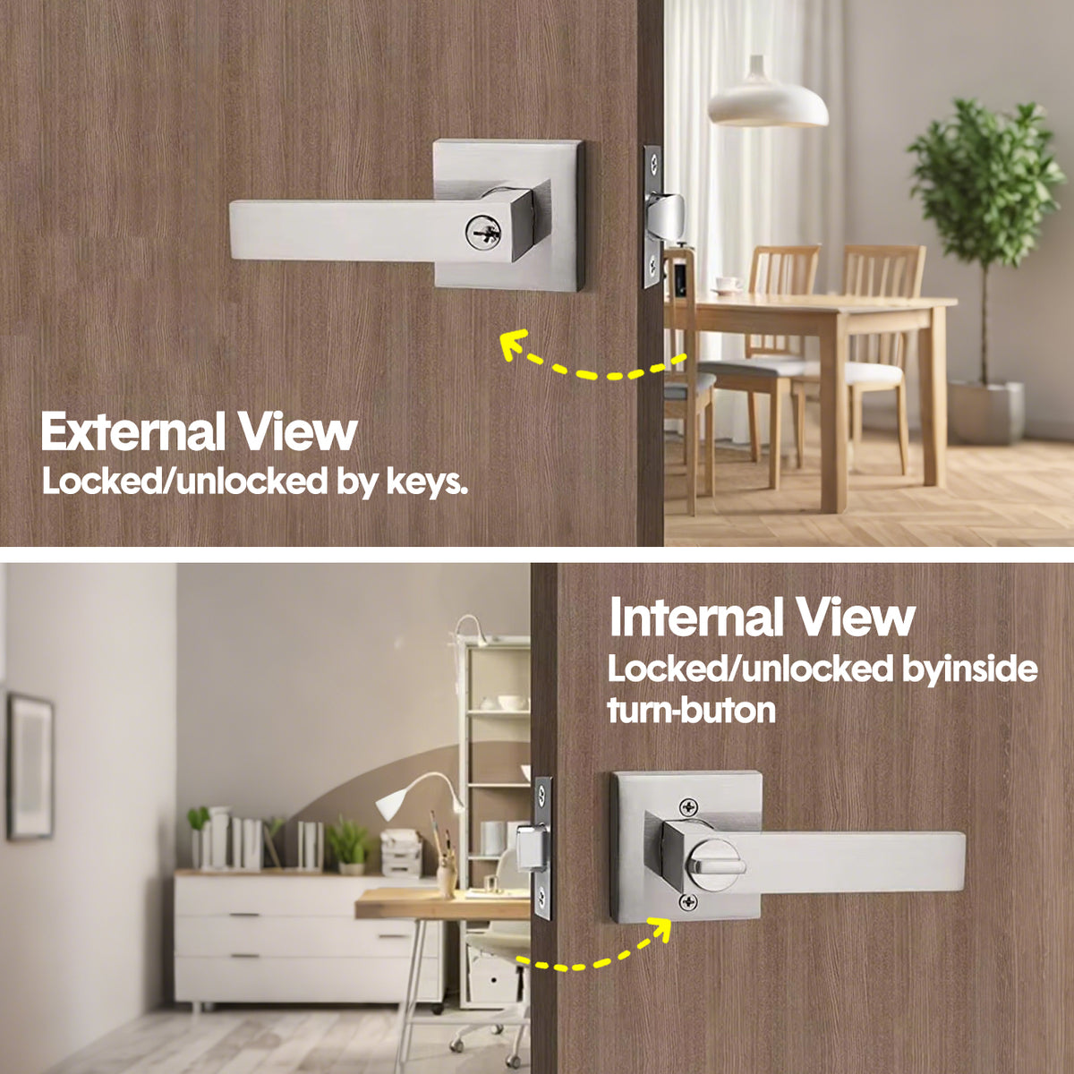 Privacy Door Lever Handle with Key, Heavy Duty Interior Door Lock, Adjustable Latch-Silver