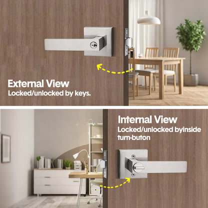Privacy Door Lever Handle with Key, Heavy Duty Interior Door Lock, Adjustable Latch-Silver