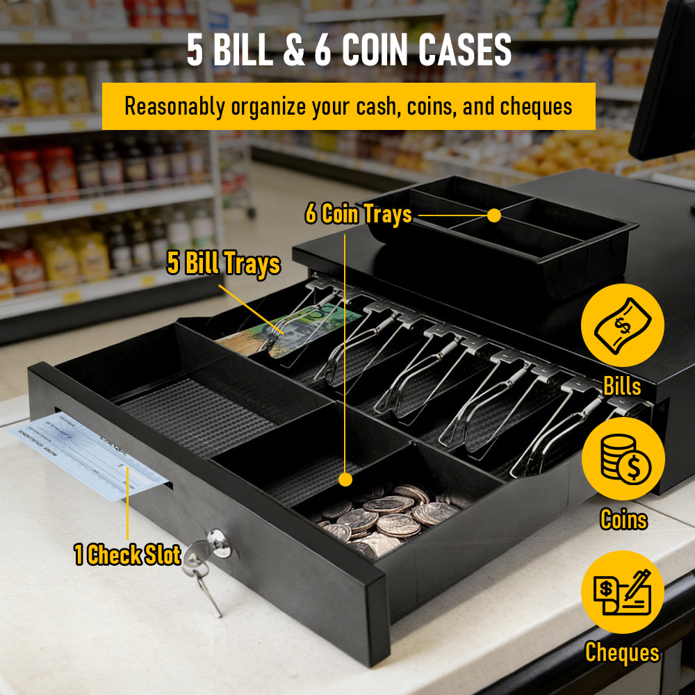Heavy-Duty All-Metal Cash Drawer | 6 Coin Trays & 5 Note Trays | RJ-12 Interface | For Retail, Restaurant, Bar & Café | Black