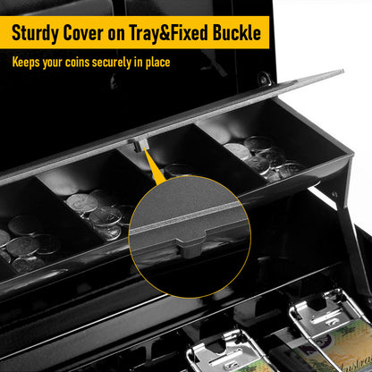Metal Cash Box with Security Lock & 2 Keys | Coin Retainer Cover | Includes Free Alloy Security Cable | For Business, Office & Home