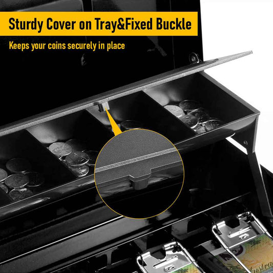 Metal Cash Box with Security Lock & 2 Keys | Coin Retainer Cover | Includes Free Alloy Security Cable | For Business, Office & Home