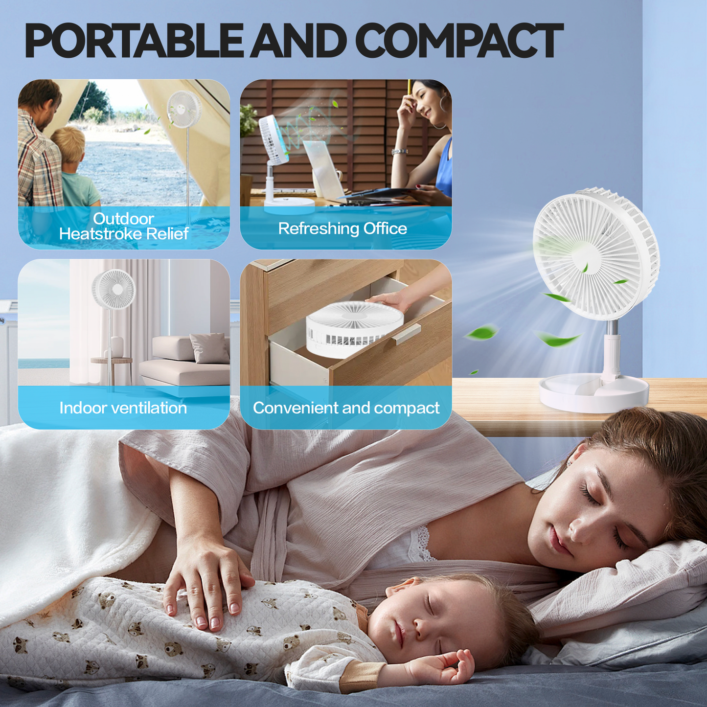 Folding Telescopic 4.5W Portable Height/Tilt Adjustable Rechargeable Cordless Fan