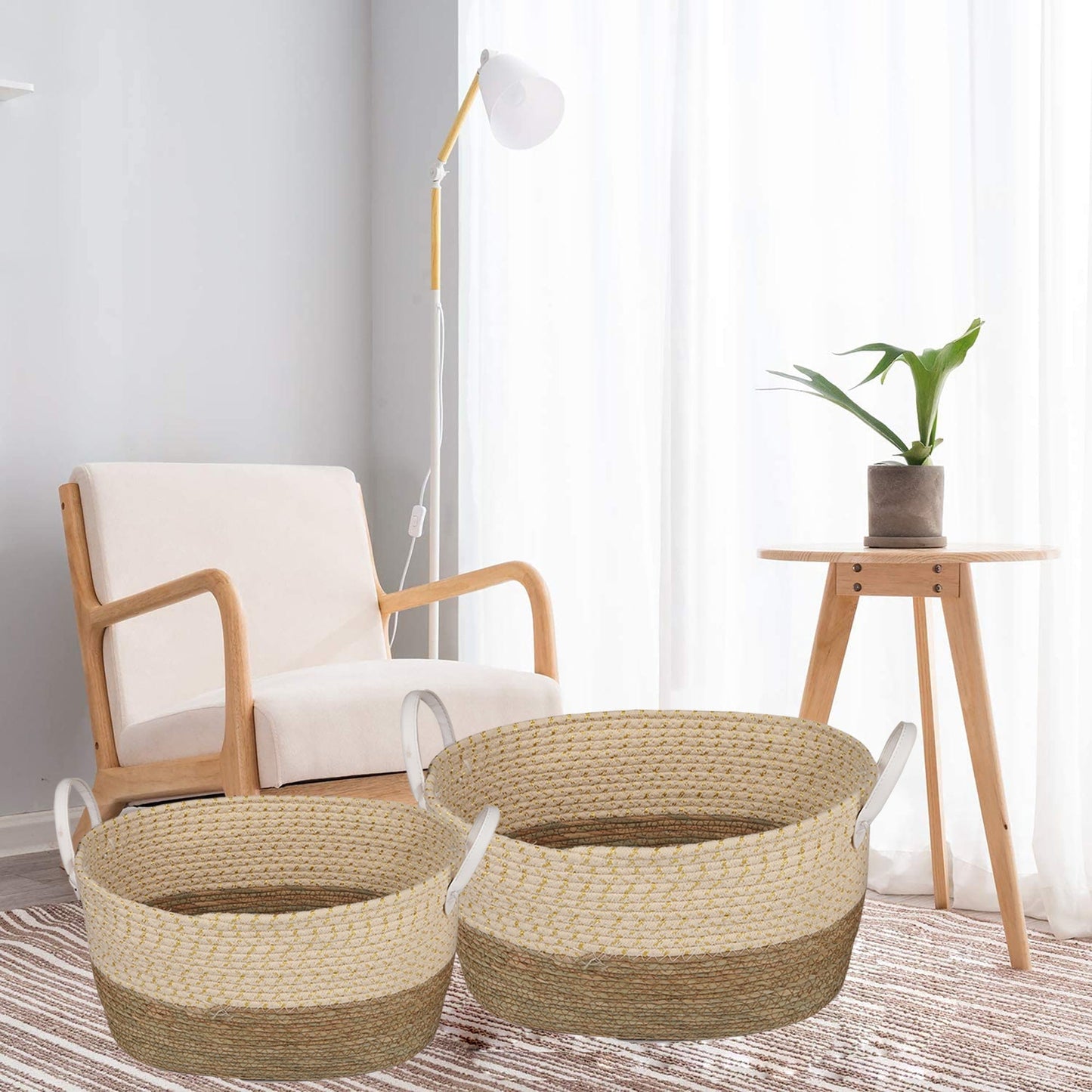2 Pcs Cotton Rope Stripe Carry Handles Storage Baskets set