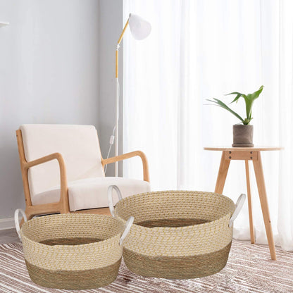 2 Pcs Cotton Rope Stripe Carry Handles Storage Baskets set