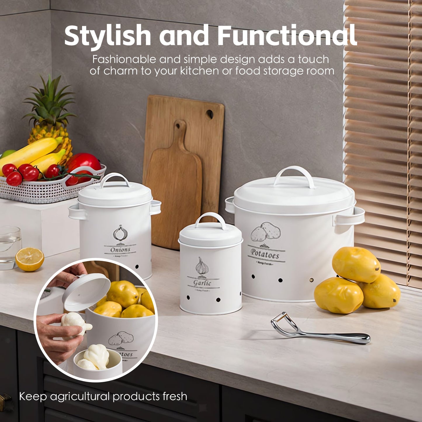 3 Pcs Galvanised Iron Fruit Vegetable Storage Tins