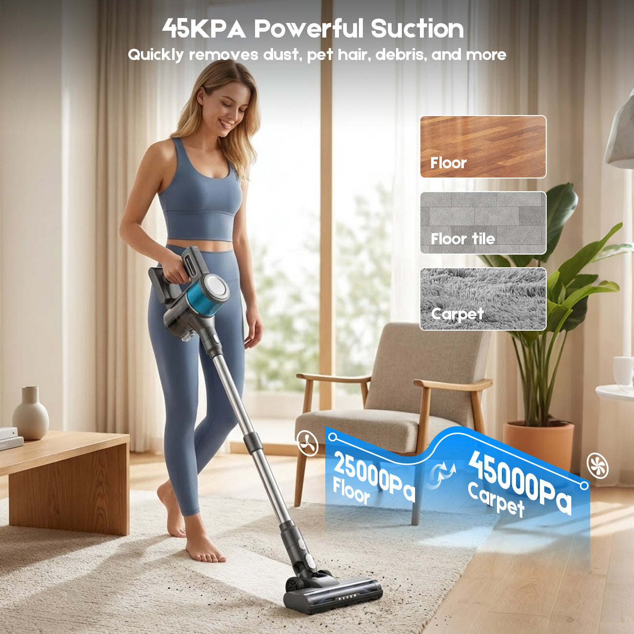 Cordless Vacuum Cleaner, 8in 1 Powerful Stick Vacuum, with Anti-Tangle Brush and LED Light, Lightweight Vacuums for Hardwood Floor, Carpet, Pet Hair