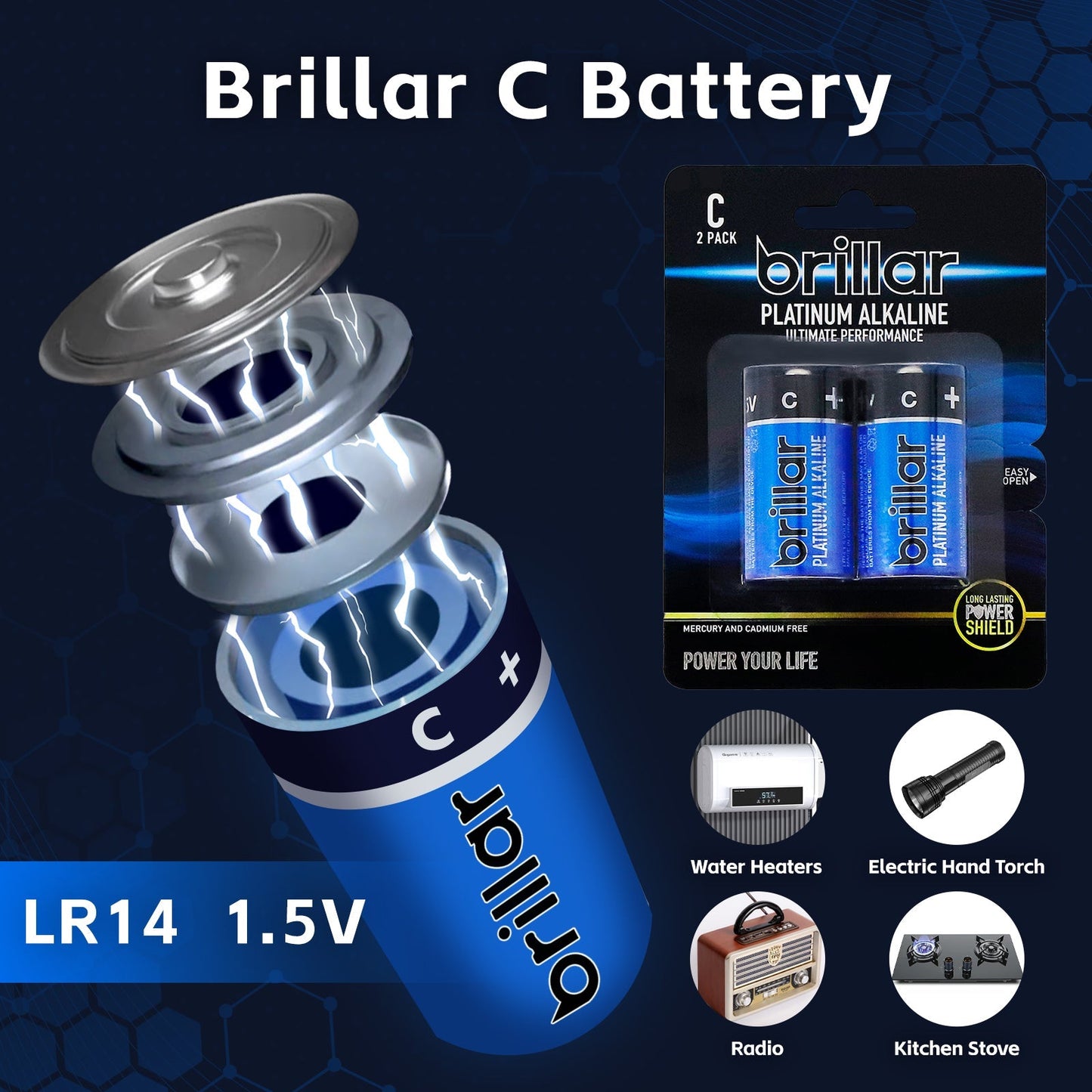 2 Pcs Brillar C Platinum Alkaline Batteries