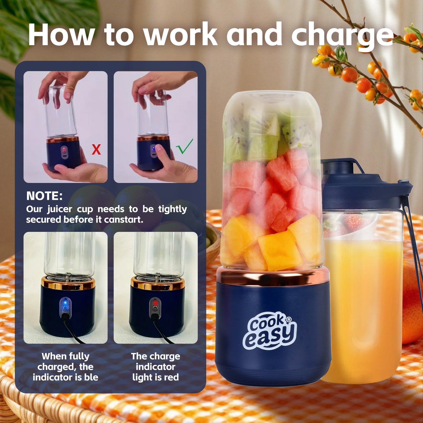 400ml USB-C Rechargeable Portable Juicer with Travel Lid – Personal Blender for Smoothies & Shakes