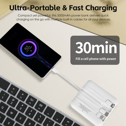 5000mAh Fast Charge Power Bank with 4 Built-in Cables and LED Lights