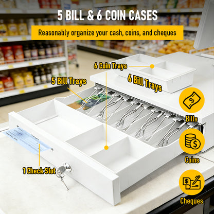 Heavy-Duty All-Metal Cash Drawer | 6 Coin Trays & 5 Note Trays | RJ-12 Interface | For Retail, Restaurant, Bar & Café