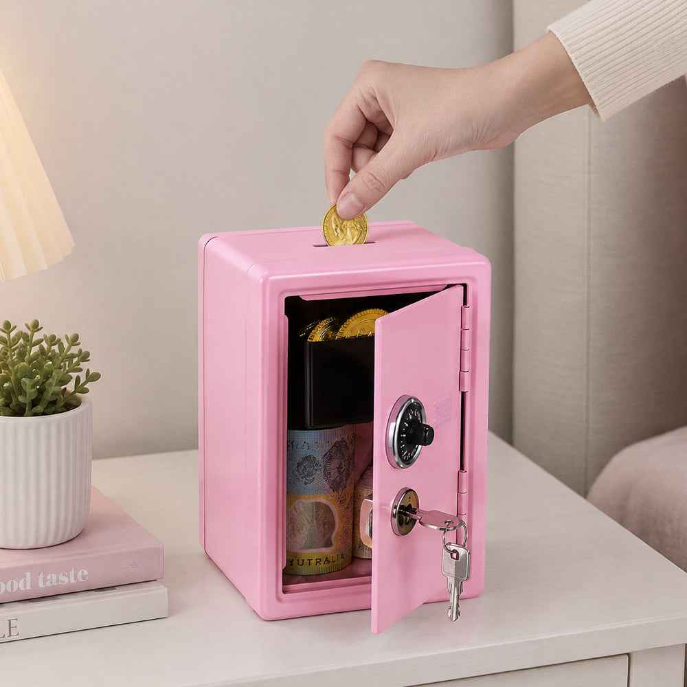 Lockable Metal Money Box, Cash & Coin Storage Box with Key Lock, Compact Piggy Bank for For Kids & Adults, Office & Small Valuables