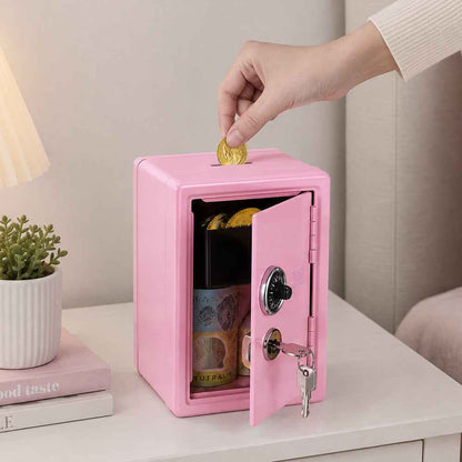 Lockable Metal Money Box, Cash & Coin Storage Box with Key Lock, Compact Piggy Bank for For Kids & Adults, Office & Small Valuables