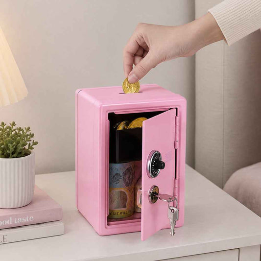 Lockable Metal Money Box, Cash & Coin Storage Box with Key Lock, Compact Piggy Bank for For Kids & Adults, Office & Small Valuables
