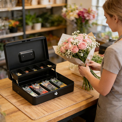 Metal Cash Box with Security Lock & 2 Keys - 4 Bill/5 Coin Tray Storage, Large Lockable Money Box for Small Business/Home