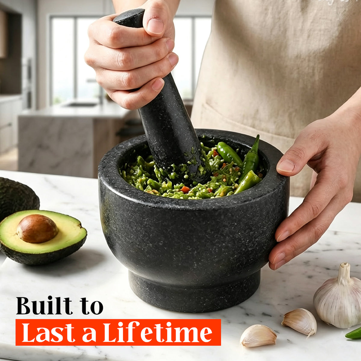 Granite Mortar and Pestle Set, 480ml Heavy Duty Stone Grinder Bowl, Dark Grey
