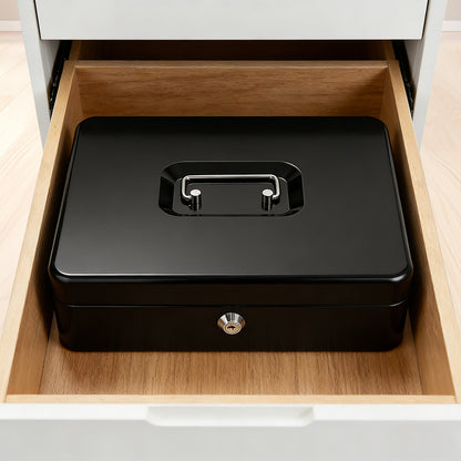 Metal Cash Box with Security Lock & 2 Keys, 4 Bill & 5 Coin Tray with Coin Retainer Cover, Large Lockable Money Box for Small Business, Office, Home, Fundraising & Events