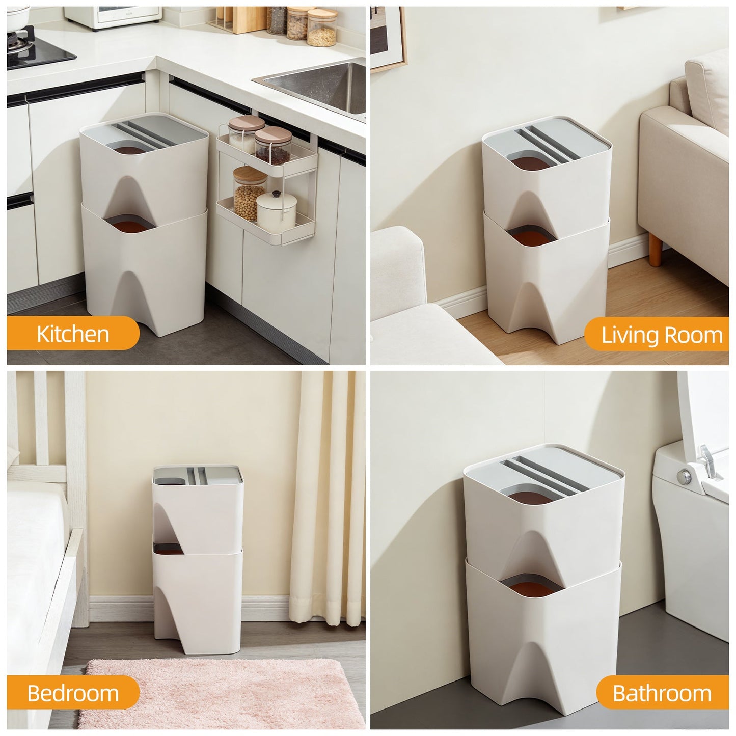 2 Pcs 12L+18L Stackable Plastic Kitchen Trash Bin Household Classification Storage Box
