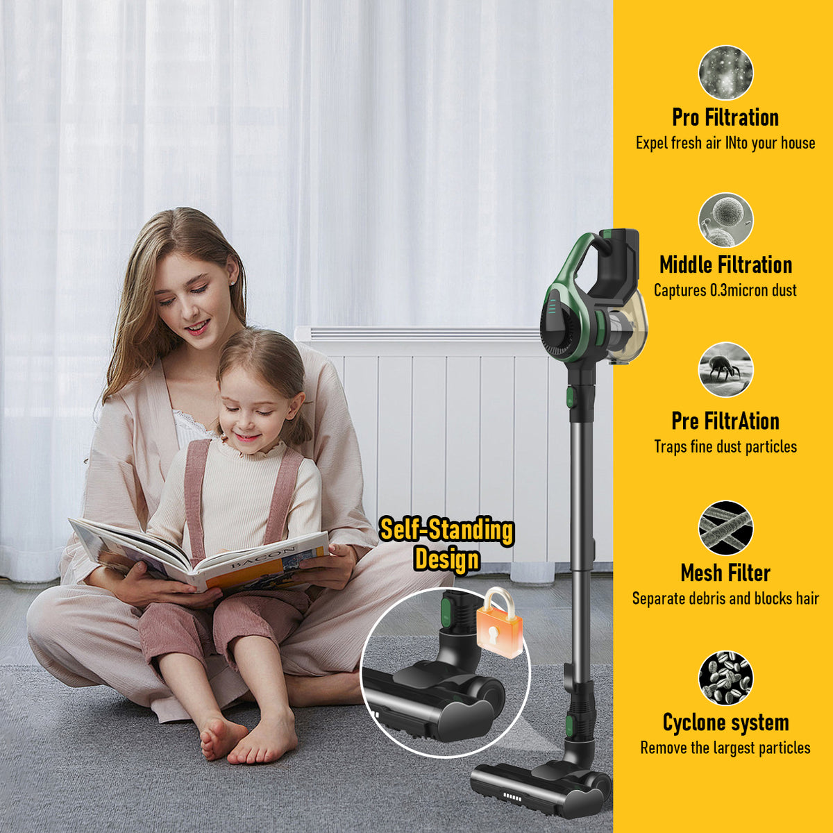 Cordless Stick Vacuum Cleaner, 350W Powerful Suction, LED Floor Head, 40-Min Runtime