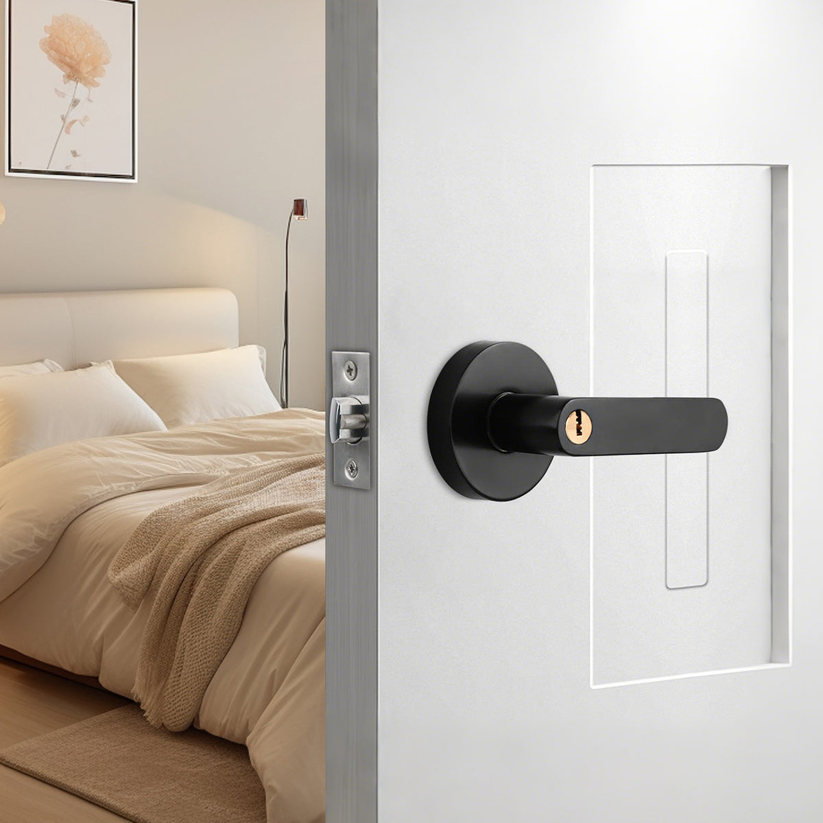 Privacy Door Lever Handle with Key, Heavy Duty Interior Door Lock, Round Design, 4 Pack, Matte Black