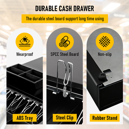 Heavy-Duty All-Metal Cash Drawer | 6 Coin Trays & 5 Note Trays | RJ-12 Interface | For Retail, Restaurant, Bar & Café | Black