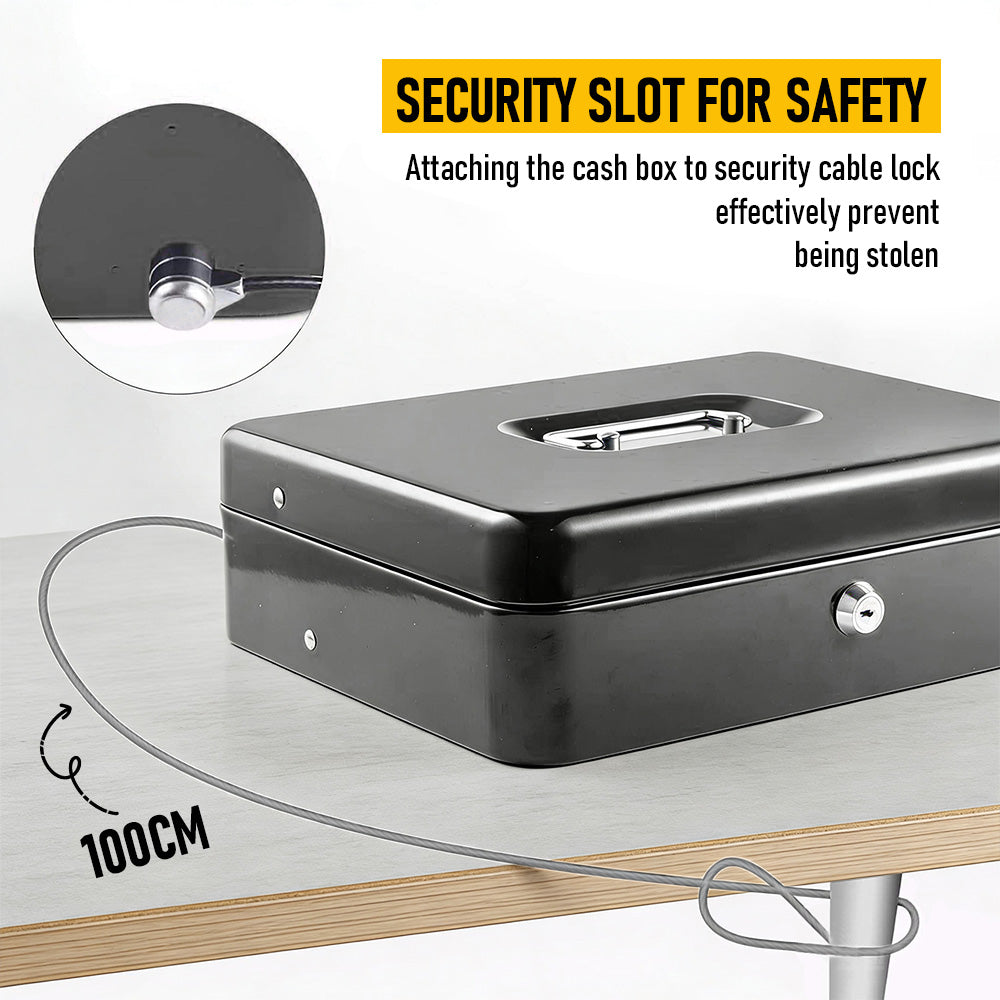 Metal Cash Box with Security Lock & 2 Keys | Coin Retainer Cover | Includes Free Alloy Security Cable | For Business, Office & Home