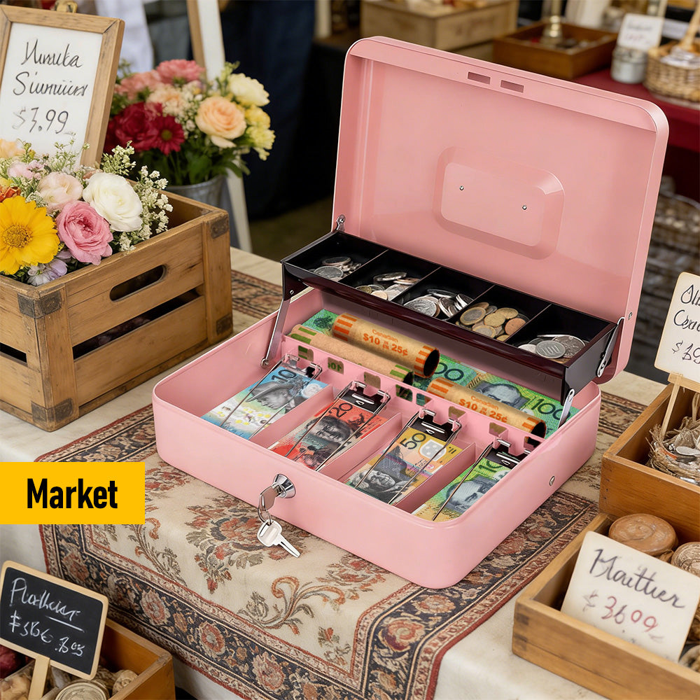 Metal Cash Box with Security Lock & 2 Keys - 4 Bill/5 Coin Tray Storage, Large Lockable Money Box for Small Business/Home (Pink)