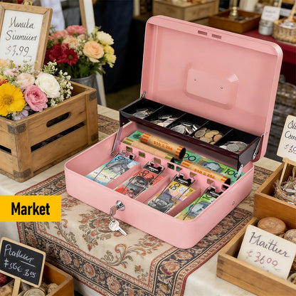 Metal Cash Box with Security Lock & 2 Keys - 4 Bill/5 Coin Tray Storage, Large Lockable Money Box for Small Business/Home (Pink)