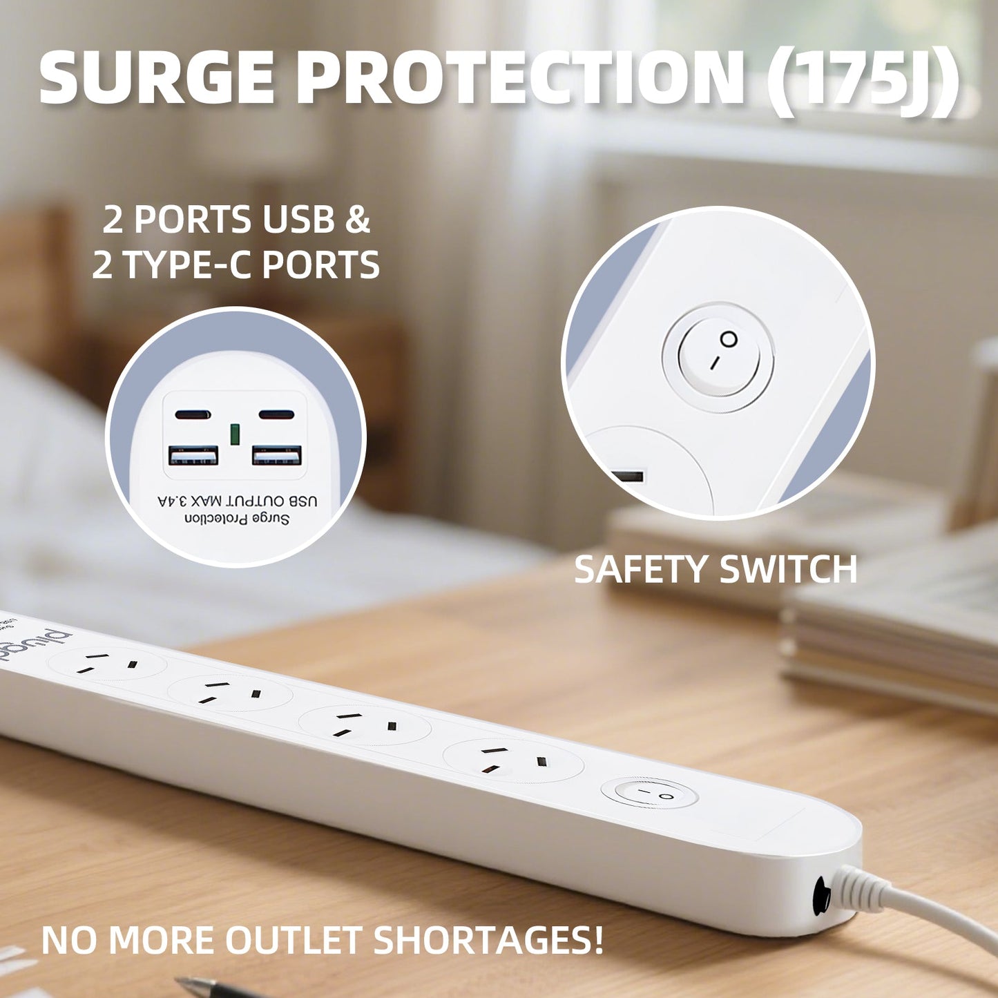 Plugd 2 USB A + 2 USB C 240V 10A Powerboard with Surge Protection