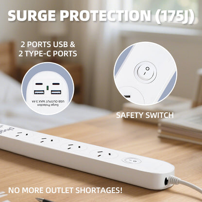Plugd 2 USB A + 2 USB C 240V 10A Powerboard with Surge Protection