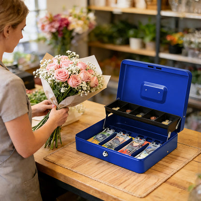 Metal Cash Box with Security Lock & 2 Keys - 4 Bill/5 Coin Tray Storage, Large Lockable Money Box for Small Business/Home