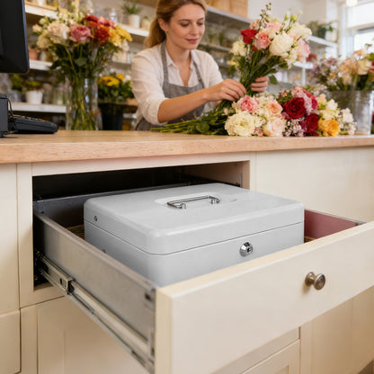 Metal Cash Box with Security Lock & 2 Keys - 4 Bill/5 Coin Tray Storage, Large Lockable Money Box for Small Business/Home
