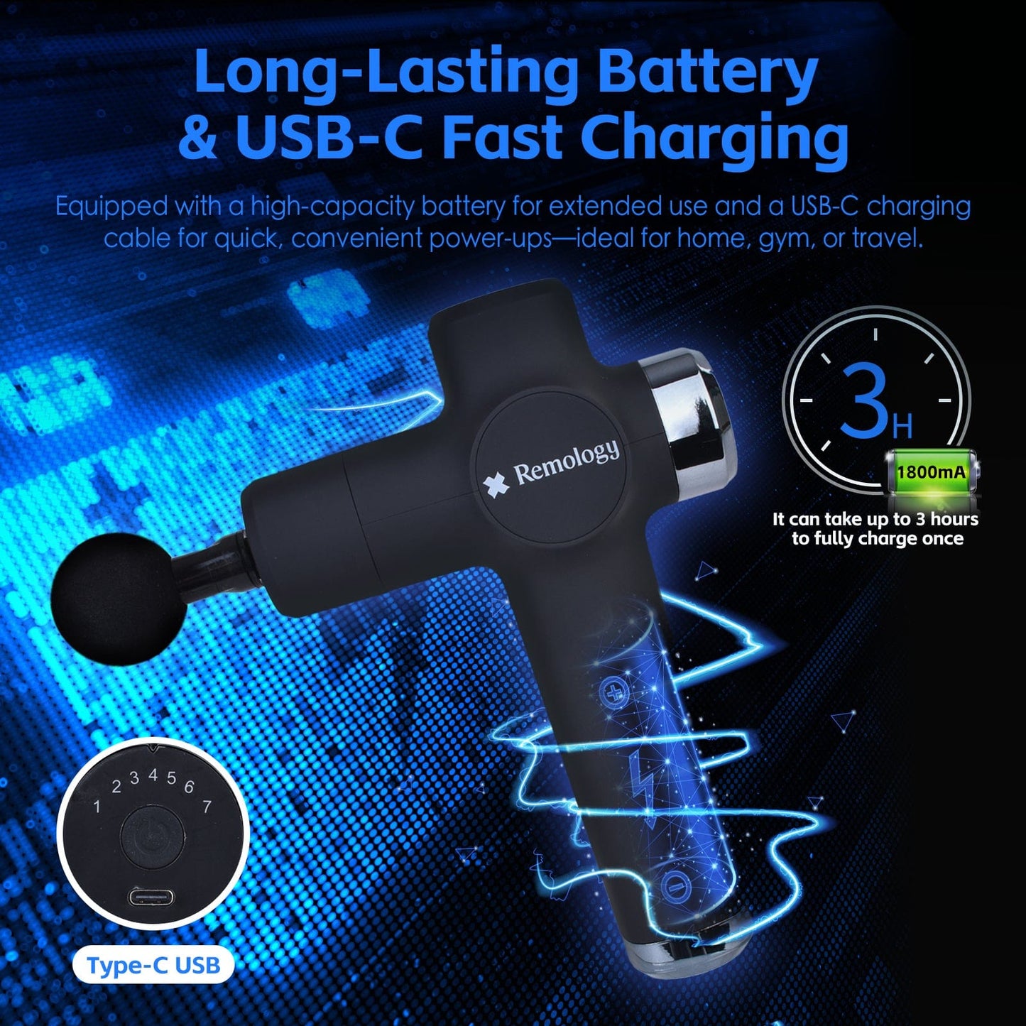 Remology Impact Therapy 7 Adaptive Speed USB-C Fascial Massage Gun with 4 Heads