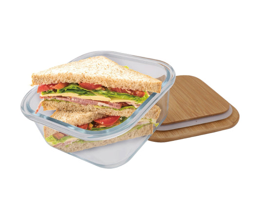 4 Pcs Large Bamboo Food Containers – Clear Glass with Bamboo Lids