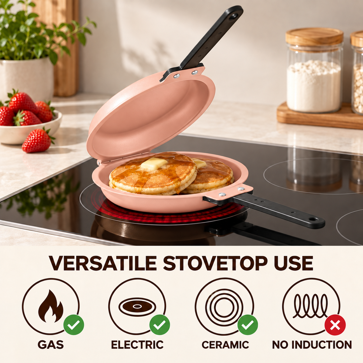 Double-Sided Non-Stick Frying Pan, 19cm Flip Pancake Pan with Heat-Resistant Handle for Eggs, Pancakes & Toast, Gas Electric & Ceramic Stoves