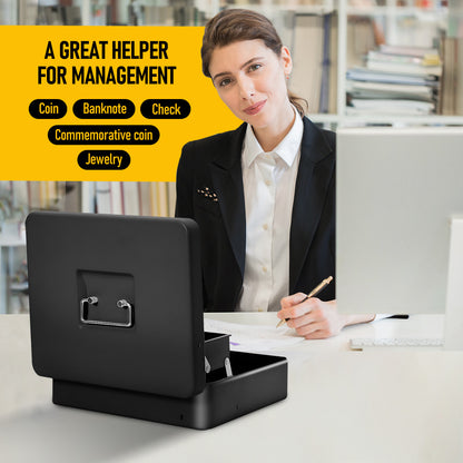 Metal Cash Box with Security Lock & 2 Keys, 4 Bill & 5 Coin Tray with Coin Retainer Cover, Large Lockable Money Box for Small Business, Office, Home, Fundraising & Events