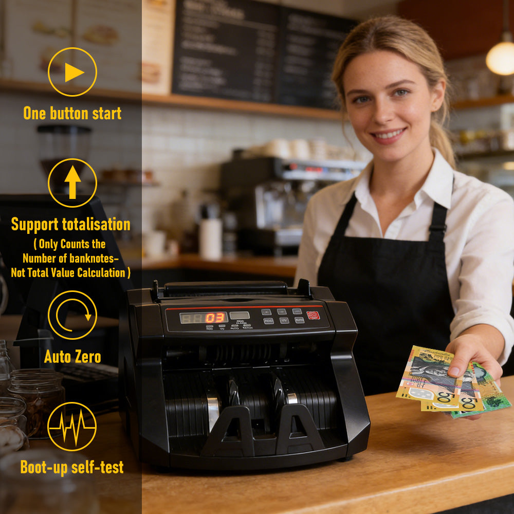 Automatic Money Counter Machine with UV Detection, High-Speed Banknote Counter for AUD, Digital Display Bill Counter for Australian Dollars (Black)