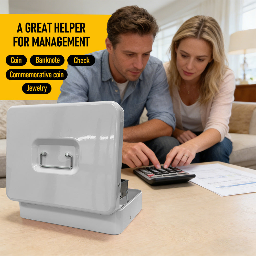 Metal Cash Box with Security Lock & 2 Keys - 4 Bill/5 Coin Tray Storage, Large Lockable Money Box for Small Business/Home