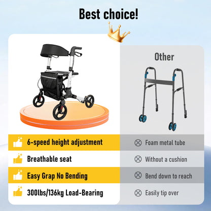 Aluminium Rollator Walker with Seat & Storage Bag | Foldable 4-Wheel Mobility Aid for Elderly | White