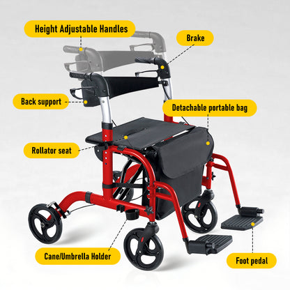 2-in-1 Rollator Walker with Seat & Transport Chair for Seniors, Lightweight Foldable Aluminum Mobility Walker, Adjustable Handles, 8" All-Terrain Wheels, Removable Storage Bag, 300 lb Capacity