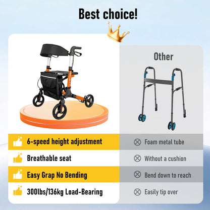 Aluminium Rollator Walker for Elderly with Seat & Reflective Strip, 4 Wheel Foldable Mobility Hight Adjustable with Storage Bag and Brakes Mobility Scooter